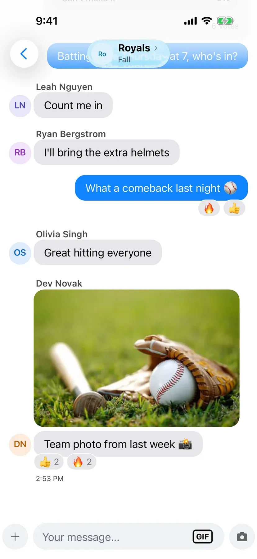 BenchApp team chat with shared photos and GIFs