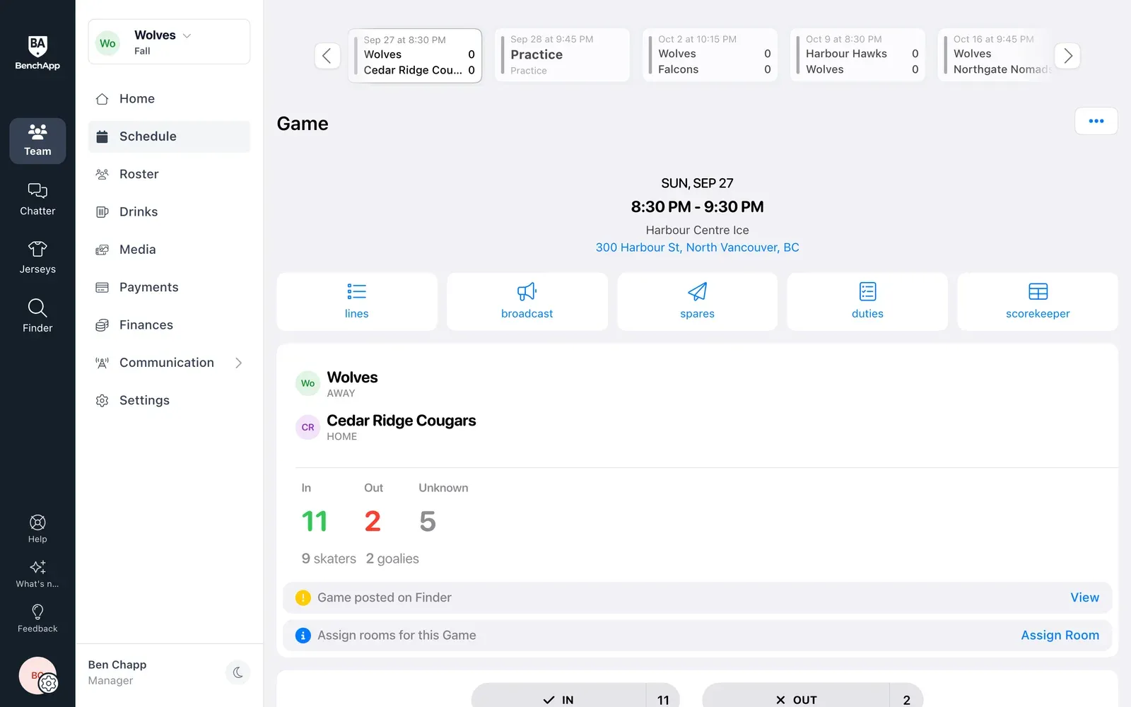 BenchApp on a computer: a game page with duties, spares and scorekeeper one click away