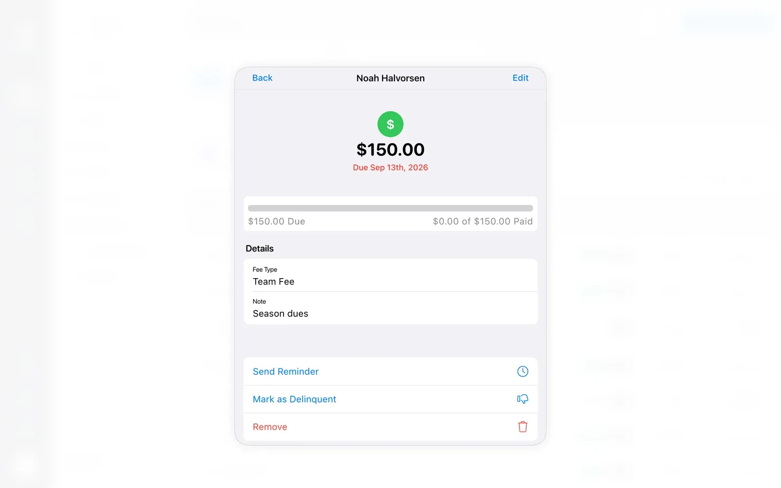 BenchApp on a computer: a player's overdue $150 fee with Send Reminder