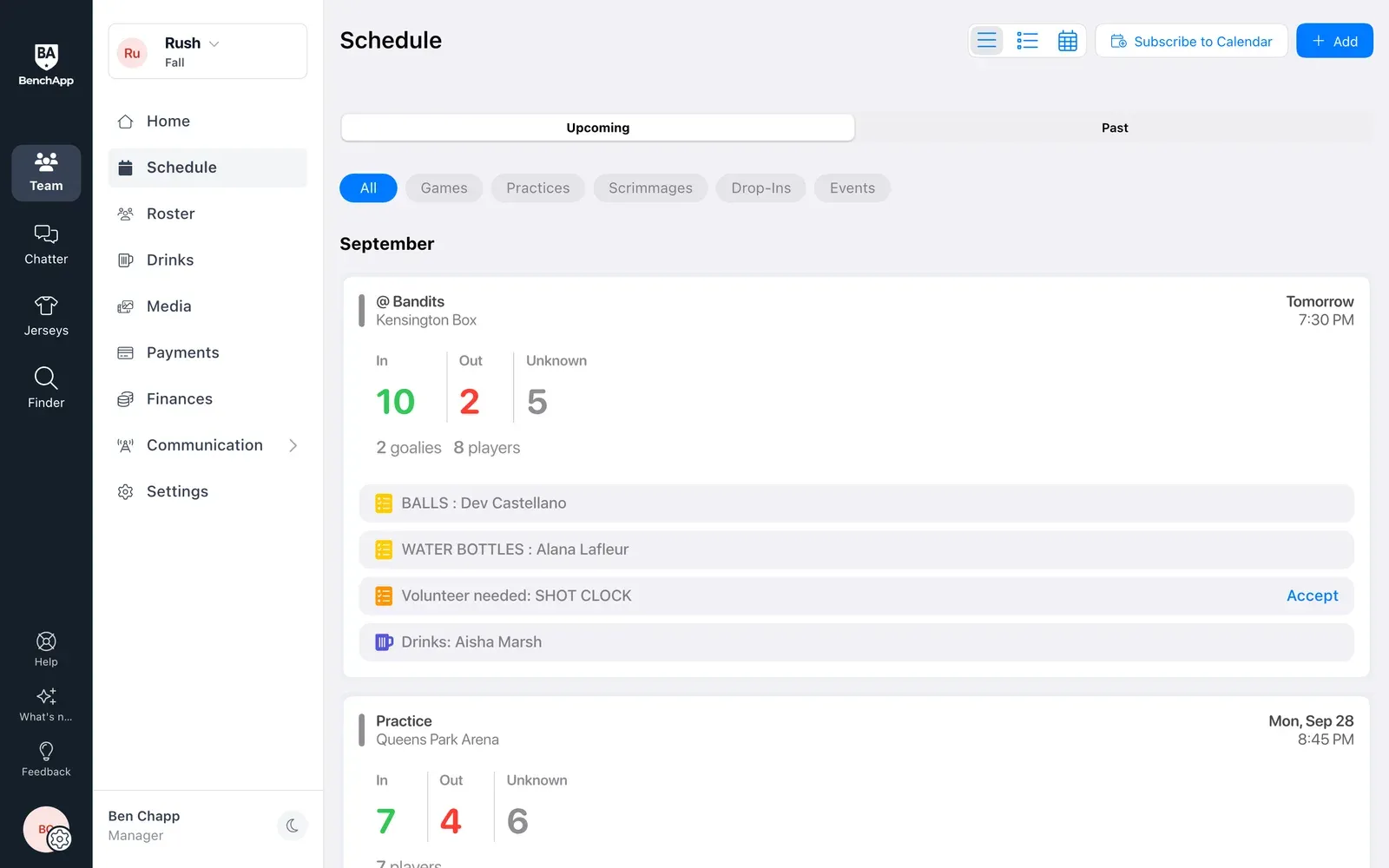 BenchApp on a computer: the team schedule with RSVP counts