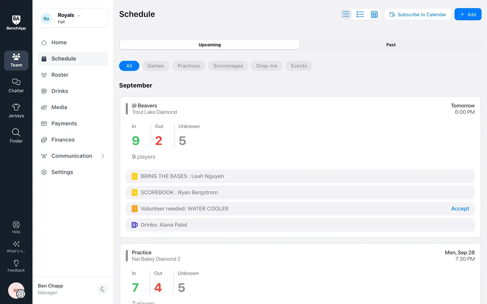 BenchApp on a computer: the team schedule with RSVP counts
