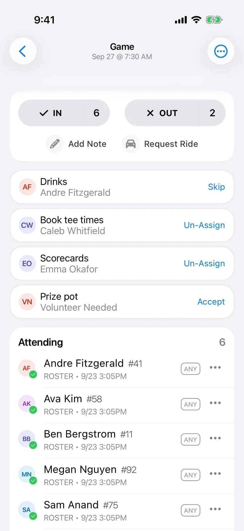 BenchApp duties screen with team jobs assigned to players
