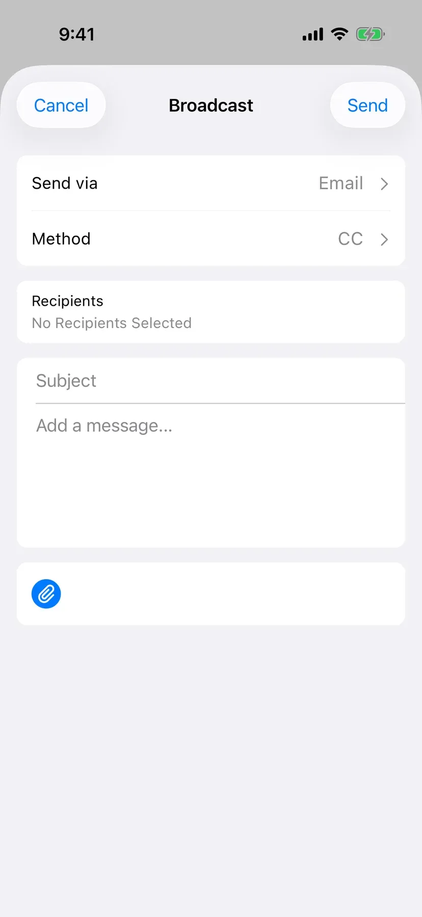 BenchApp on a phone: a new broadcast with Send via and recipients