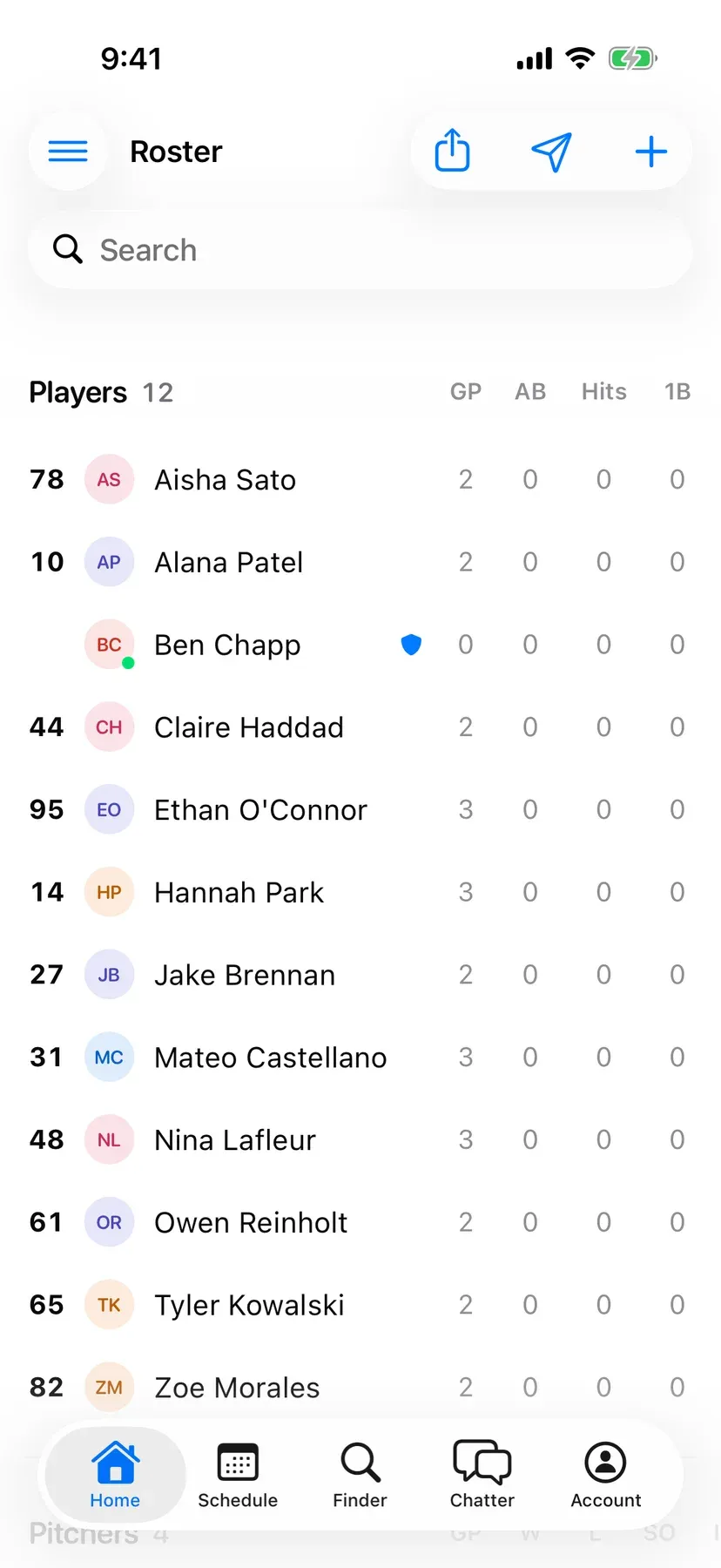 BenchApp roster screen listing the team's players
