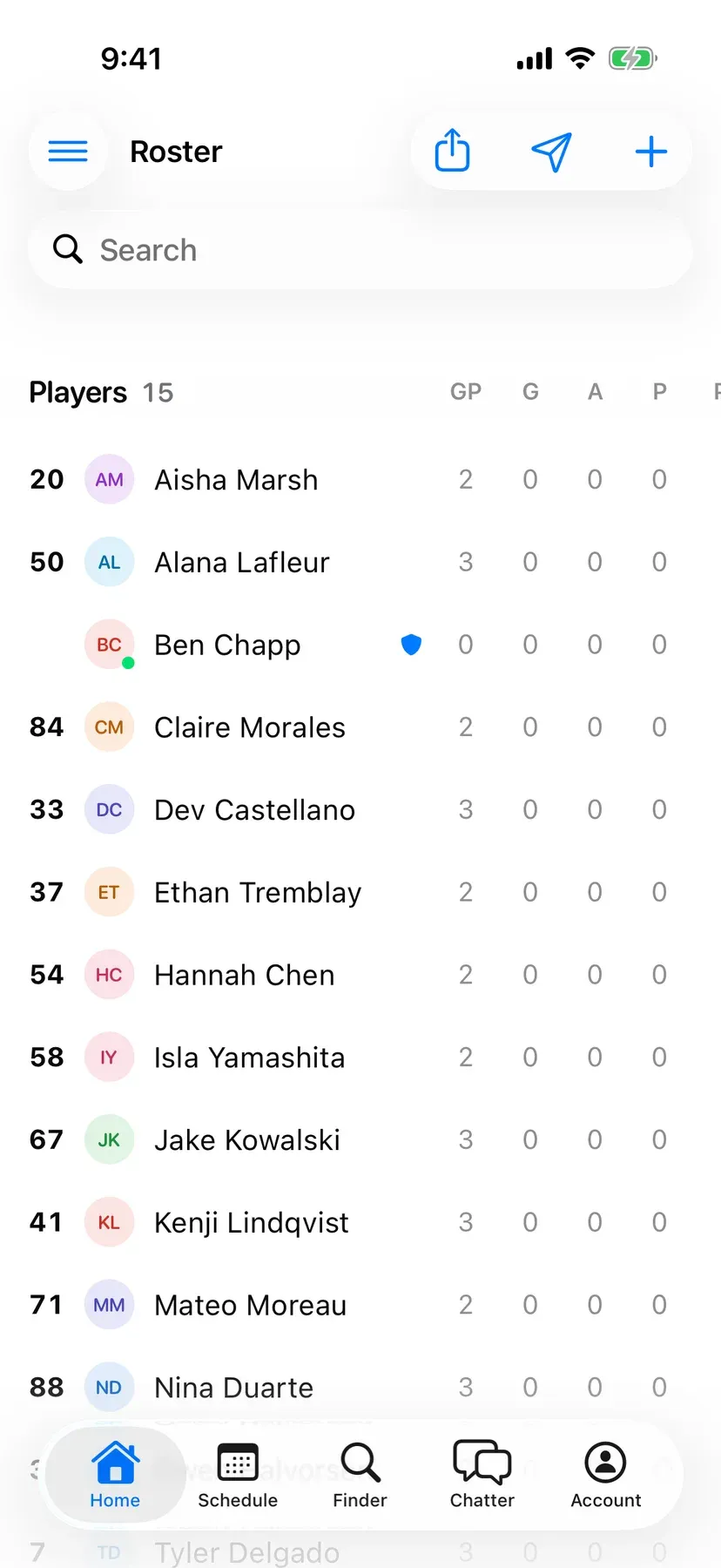 BenchApp roster screen listing the team's players