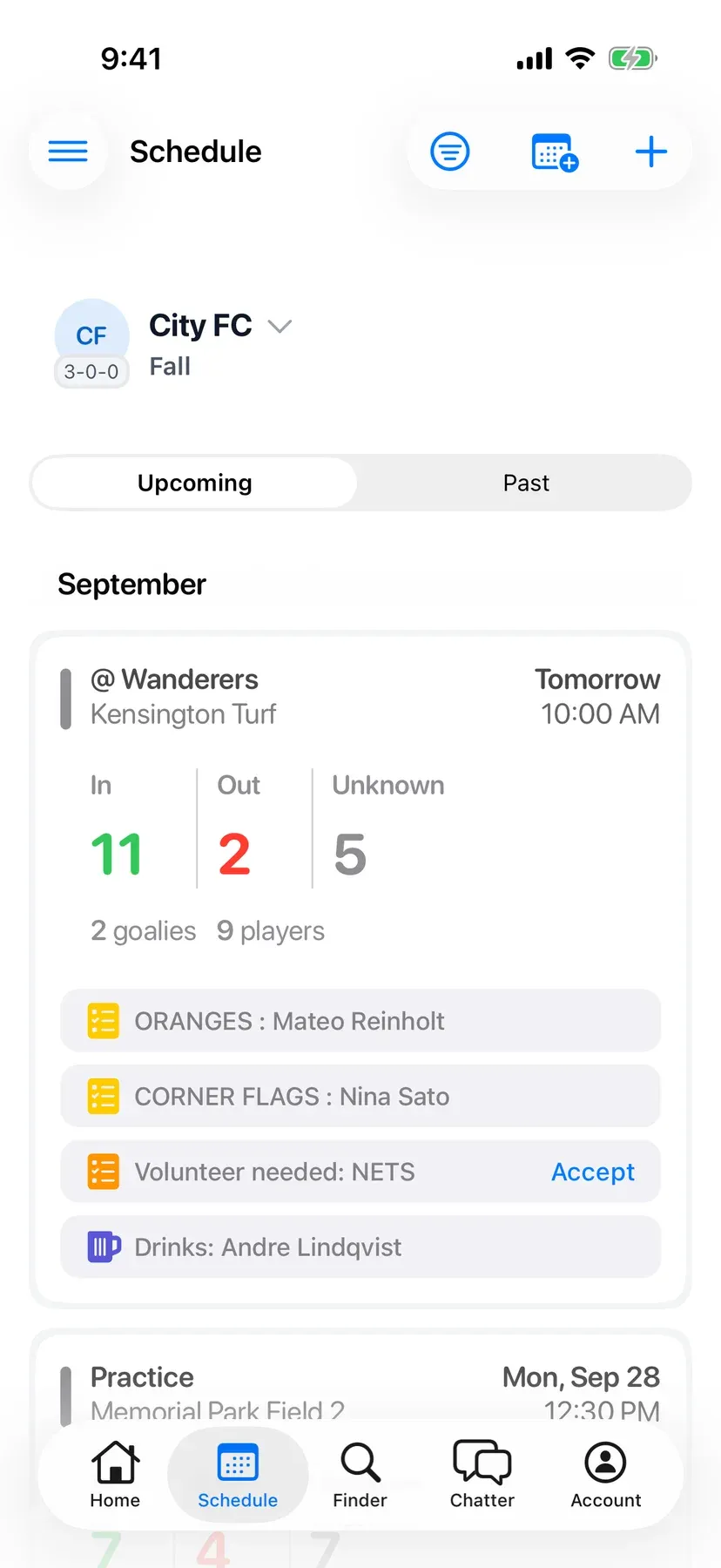 BenchApp schedule screen with upcoming games and RSVP counts