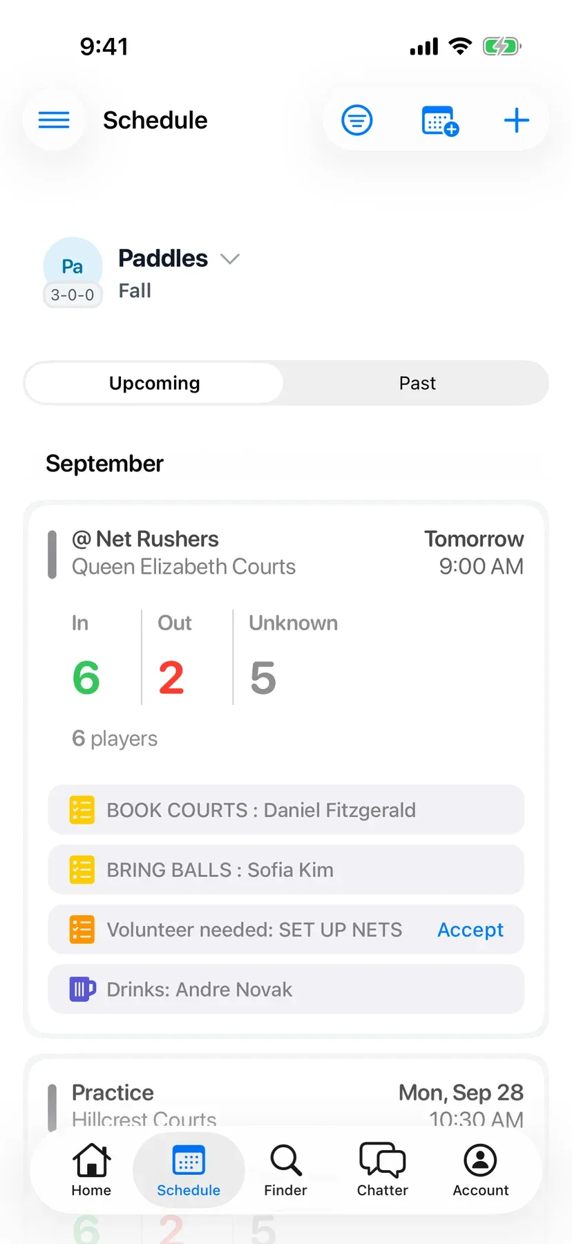 BenchApp schedule screen with upcoming games and RSVP counts