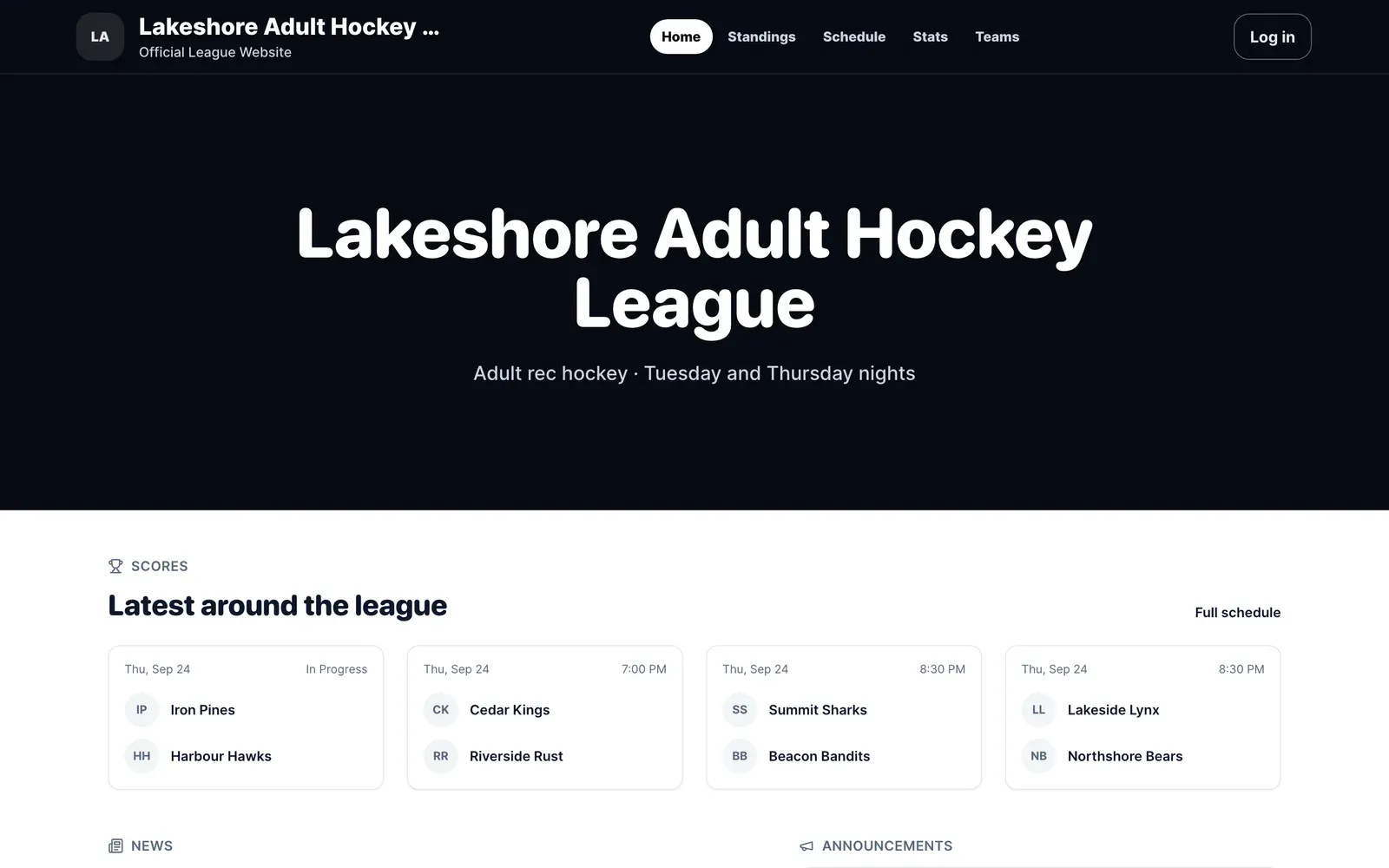A league's public website: latest scores and the season at a glance